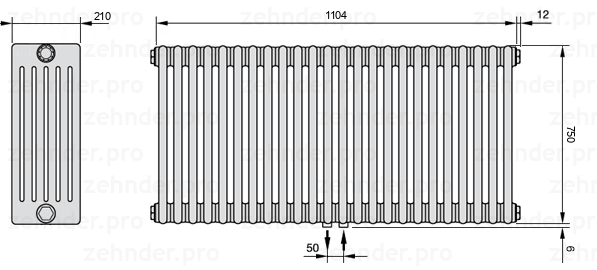 Схема (чертеж) Радиатор Zehnder Charleston 6075/24 №5410 Белый глянцевый RAL 9016